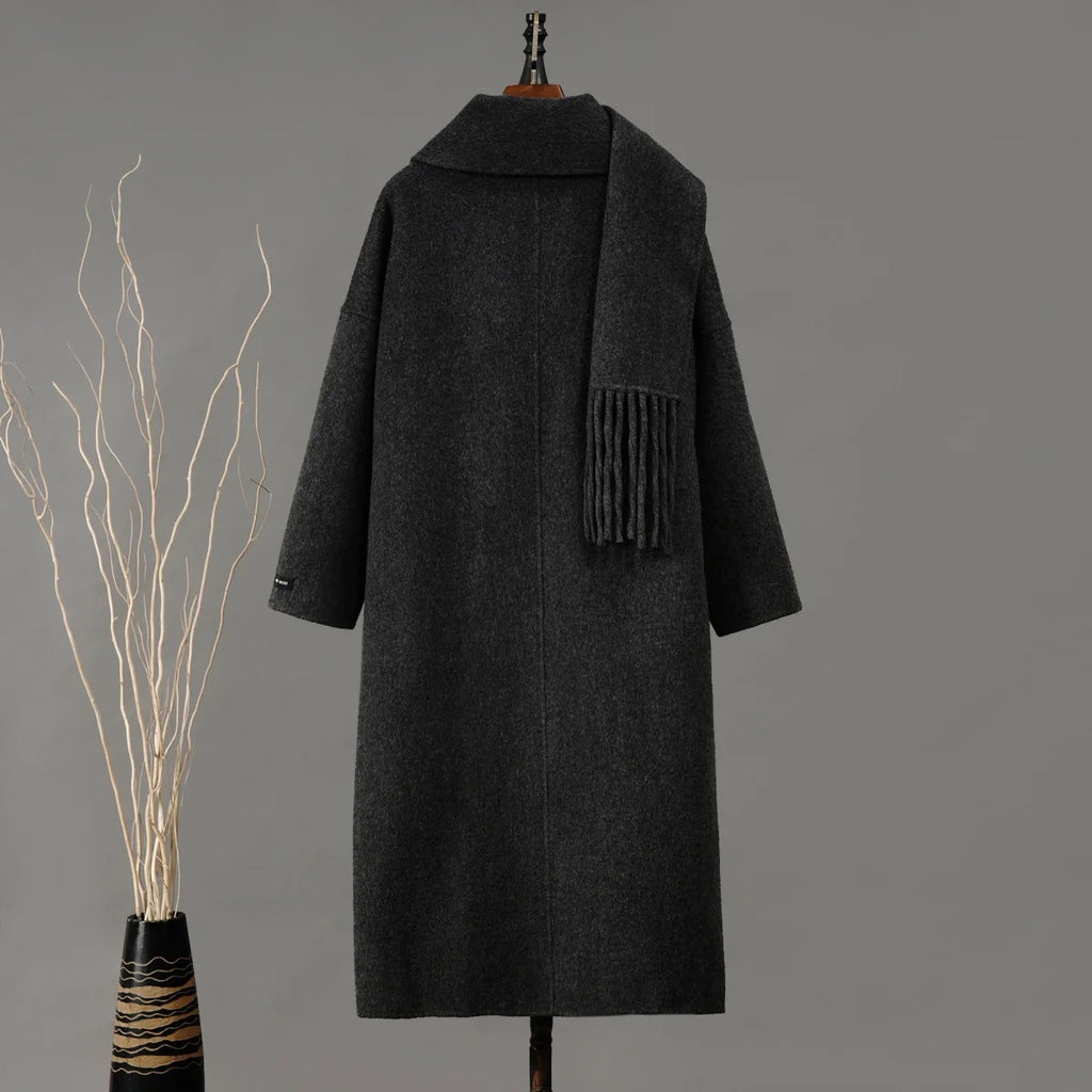 Single Button Long Sleeve Overcoat With Scarf