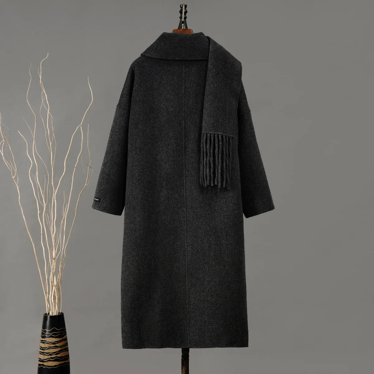 Single Button Long Sleeve Overcoat With Scarf