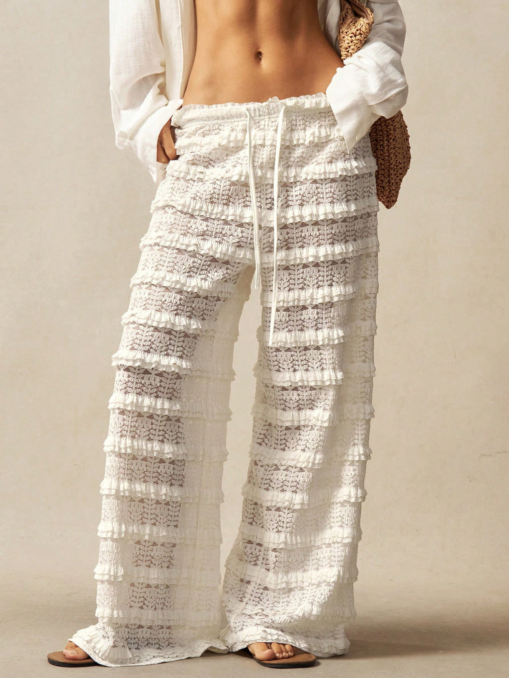 Jacquard Hollow-out Patchwork Tie-up Lace Straight Leg Pants