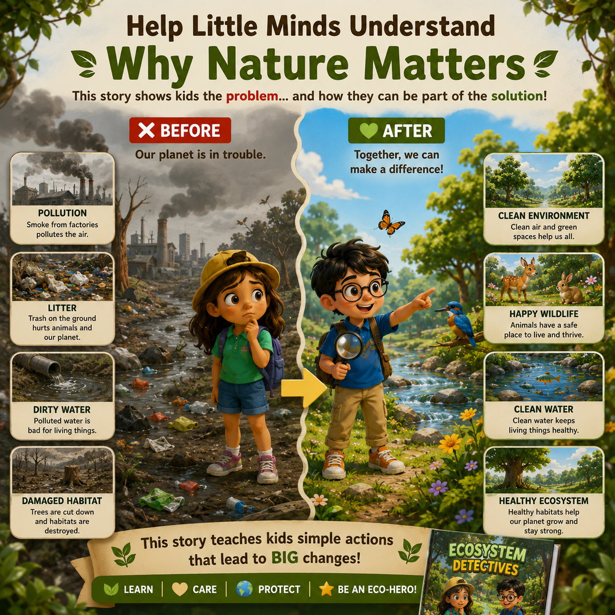 Kids environmental storybook, Ecosystem food chain nature learning printable