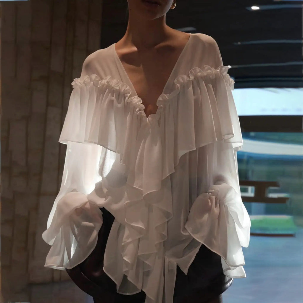 V-neck Ruffled Chiffon Blouse